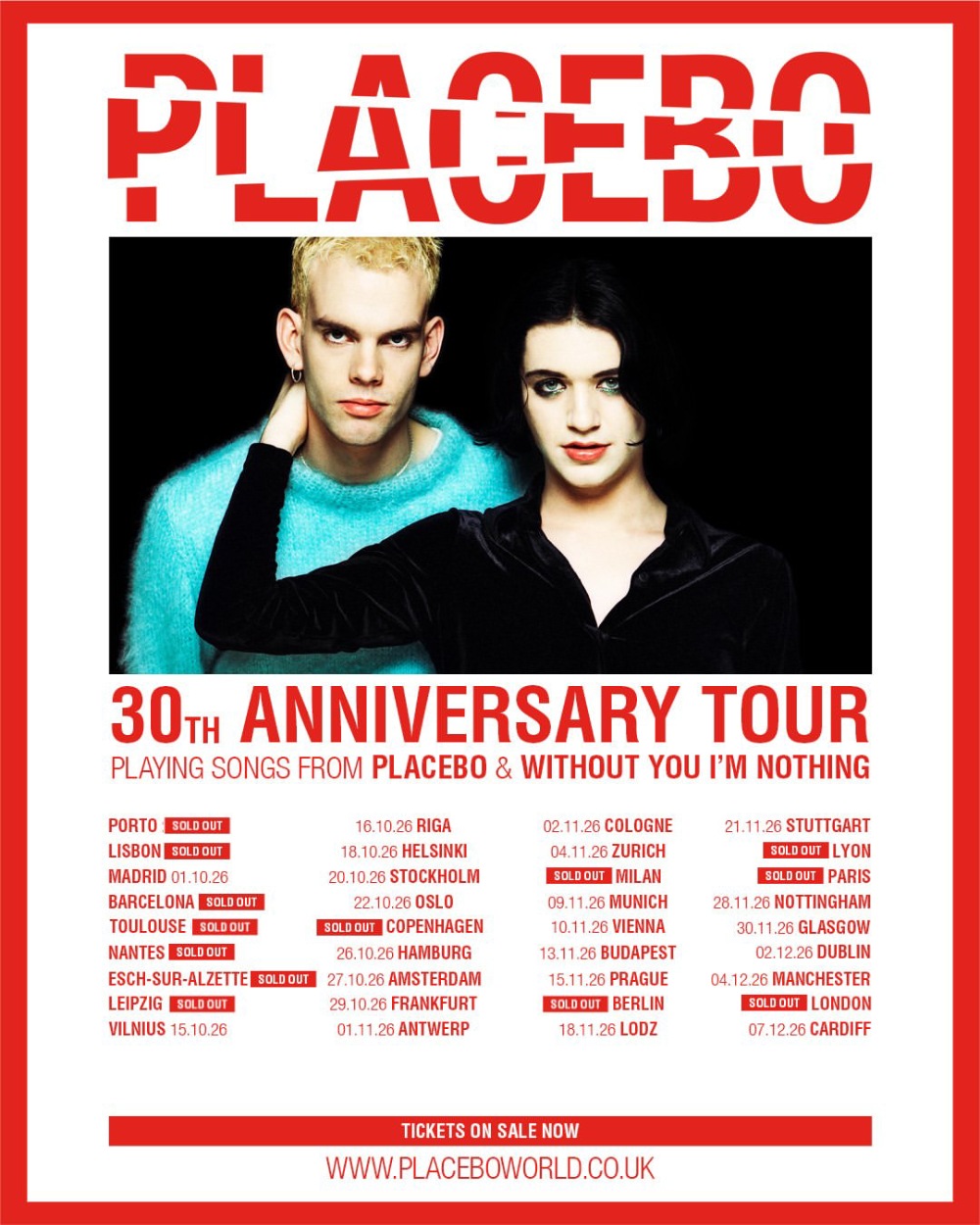 Placebo pasará por España para celebrar los 30 años de vida