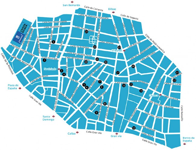 mapa de los barrios Malasaña, Chueca y Conde Duque