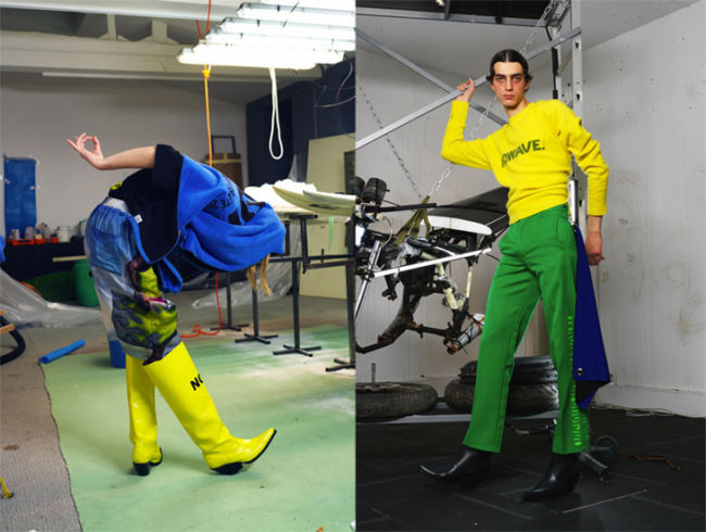 moda genderless, derecha: modelo agachado con toalla azul; izquierda: modelo agarrado pantalones verdes